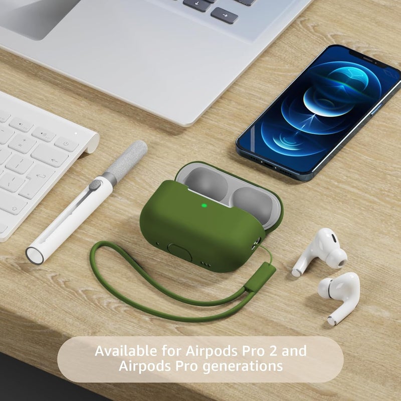 Tandoler Compatible with Airpods Pro 2 Case, Soft Silicone Skin Cover Protective Cases with Cleaner kit and Lanyard Compatible for AirPod Pro 2nd Generation, Front LED Visible - Grass Green - Image 2